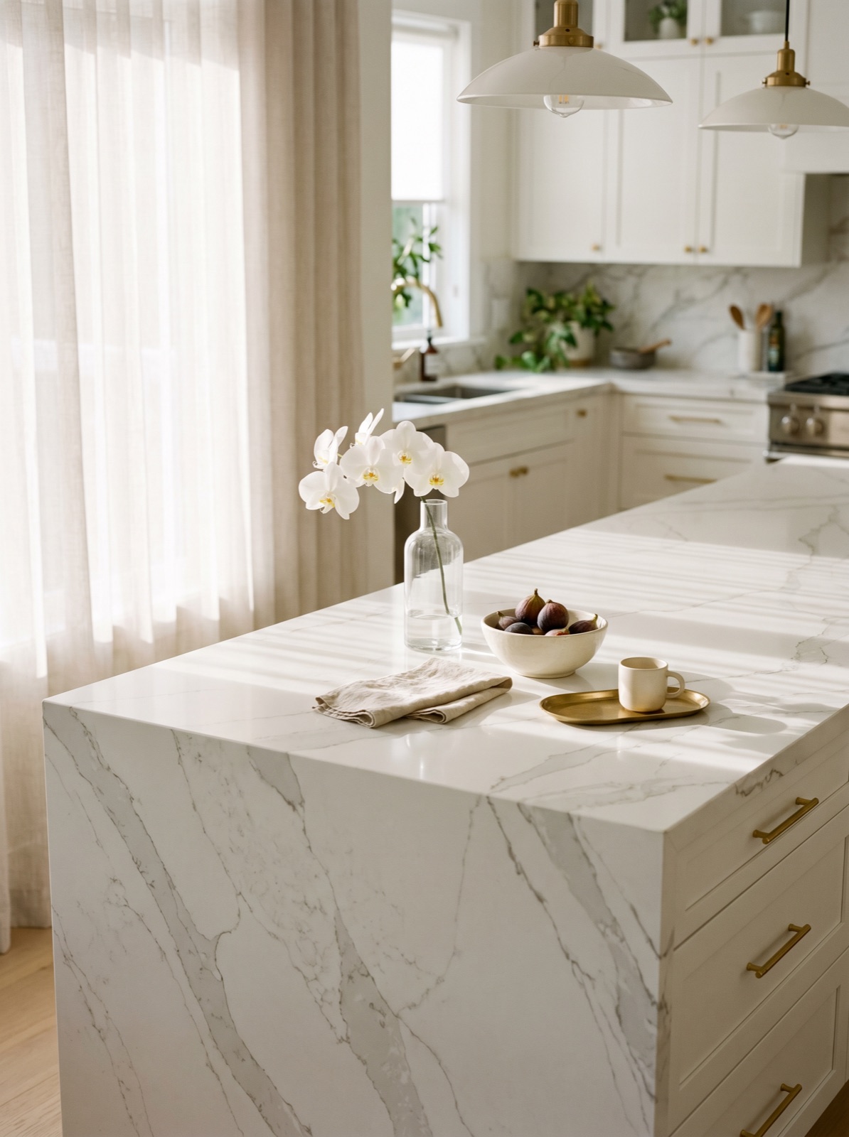 White kitchen with waterfall stone island and warm brass accents