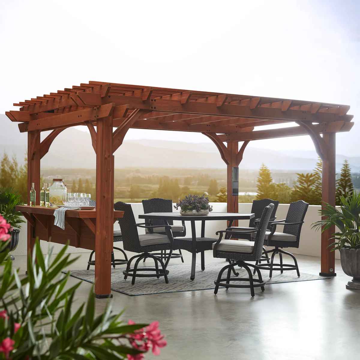 Wood pergola with outdoor dining